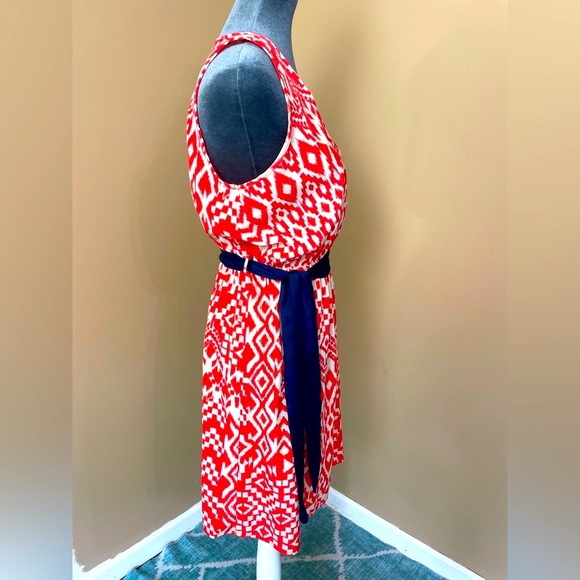 DINA BE Orange & White Patterned Dress with Navy Belt - Picture 5 of 8